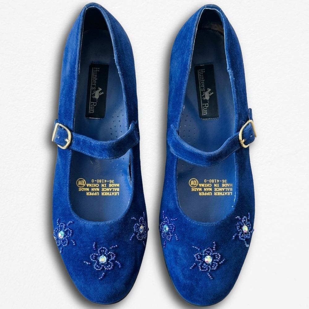 Hunters Run Blue Suede Beaded Mary Jane Flats Womens 10W Leather Low Wedge Shoes